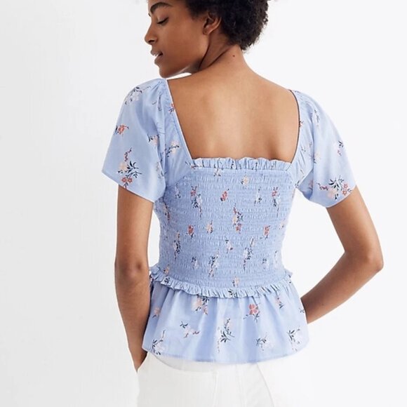 Madewell Blue Smocked Floral Peplum Top Size M - Picture 3 of 13
